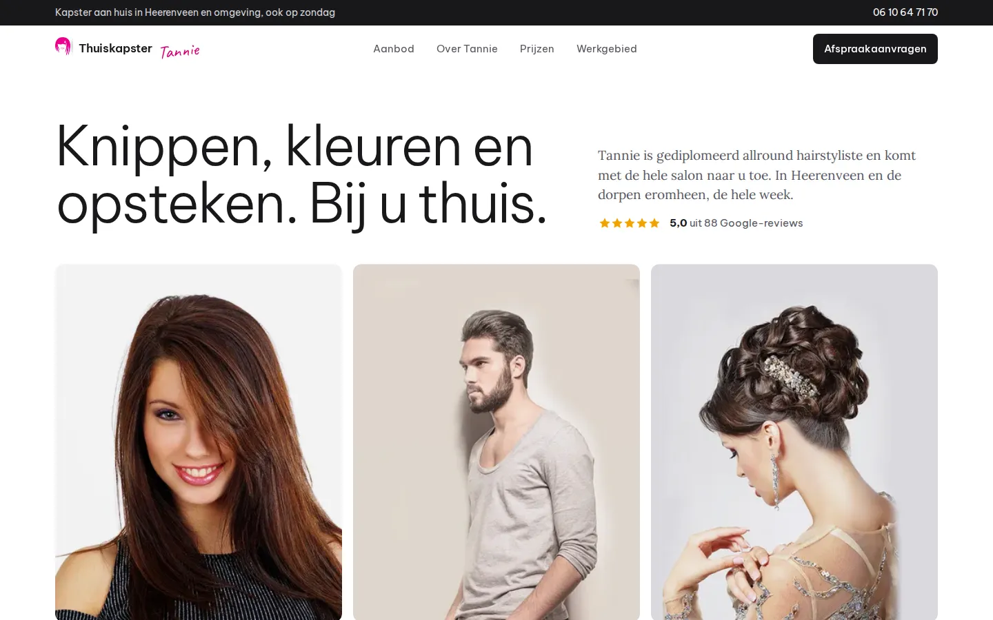 Voorstel B: rustige witte pagina met drie foto's naast elkaar voor dames, heren en opsteken