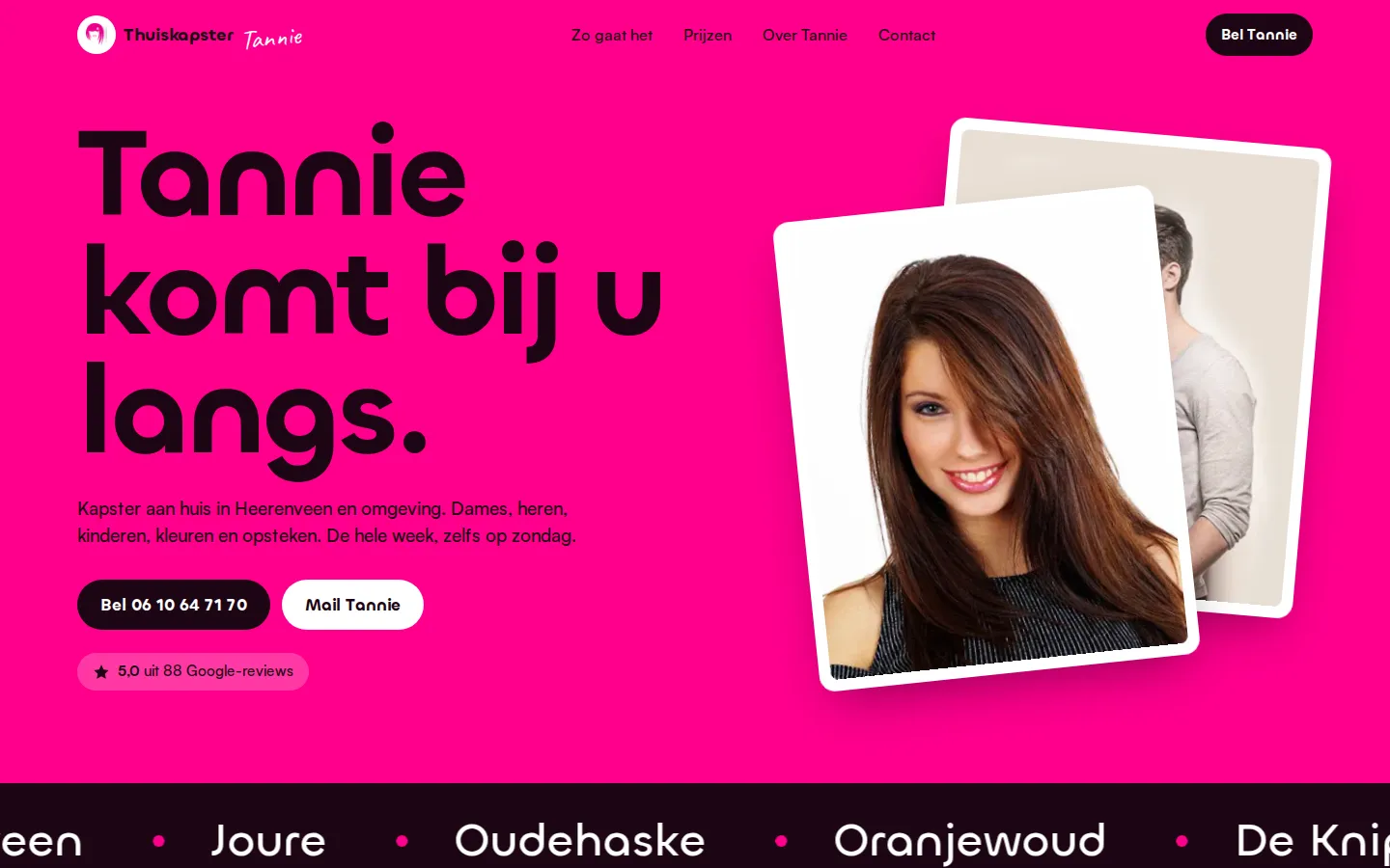Voorstel C: helder roze pagina met een grote ronde kop en twee foto's als kaartjes